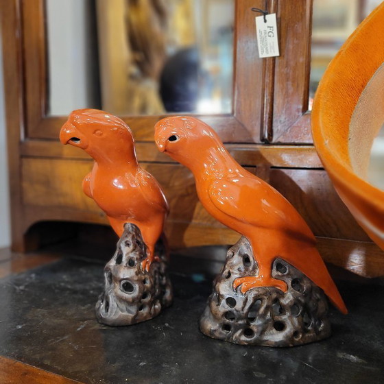 Image 1 of Pareja de loros naranjas, porcelana, 90’s - China