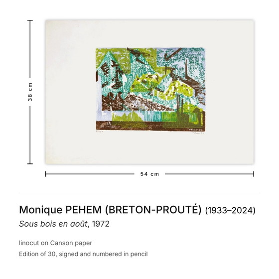 Image 1 of Monique PEHEM (BRETON-PROUTÉ) Unterholz im August Signierter Linolschnitt 1972