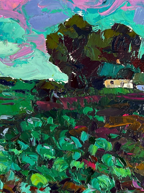 Image 1 of Original Oil Painting Rural Landscape Vegetable Garden in Front of the House