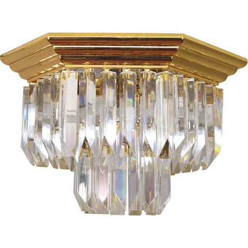 Plafonnier hexagonal Triedri vintage en verre de Murano et laiton par Venini, Italie