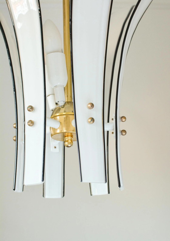 Echte Vistosi Palms Murano Glazen Kroonluchter, Jaren 70 Italiaans Messing, 6 Bladeren, 4 Lichten – Metal (photo 6 of 10)