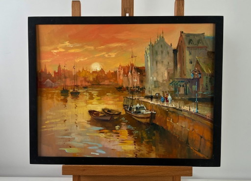 Original Oil Painting Evening City Landscape Venice romantic sunset