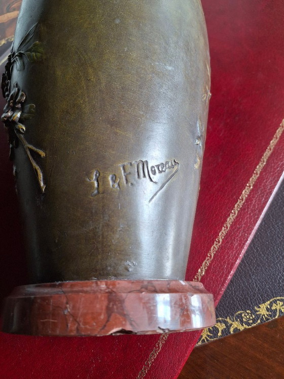 Image 1 of Pair of Art Nouveau spelter vases with triple patina, signed Louis and François Moreau