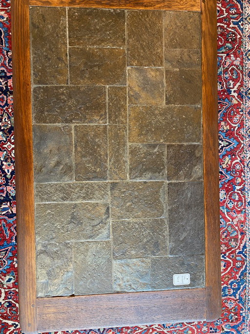 Salontafel in brutalistische stijl van eikenhout en leisteen met keramisch blad. – Stone, Wood
