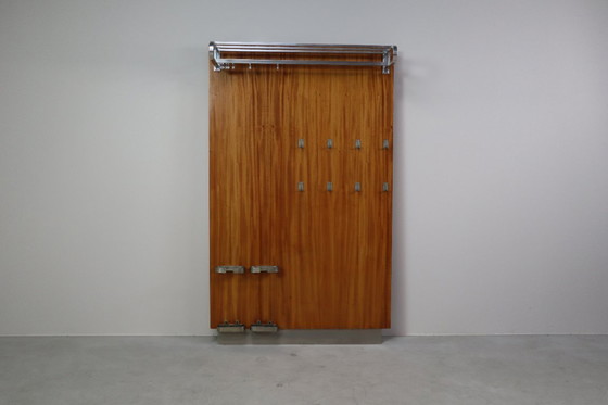 Image 1 of Modernist wall-mounted cloakroom in Teak, Aluminium & Nickel-plated Brass, 1950s