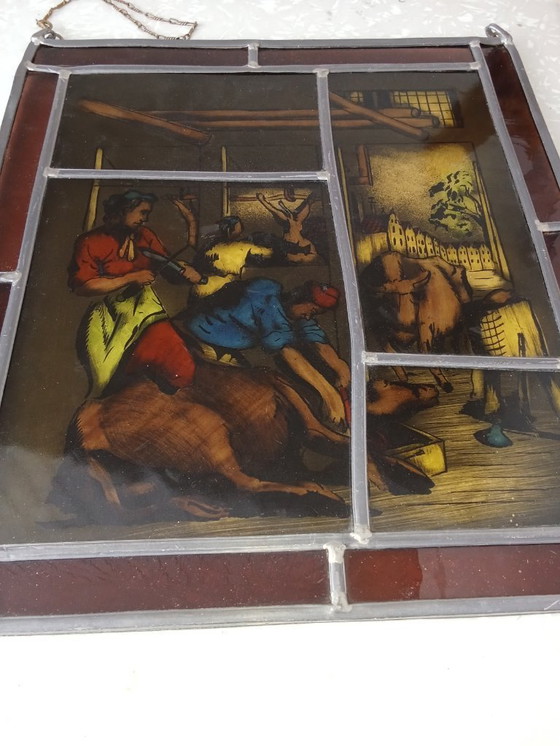 Image 1 of Antiek Glas in Lood Slagers Slachthuis Koeien