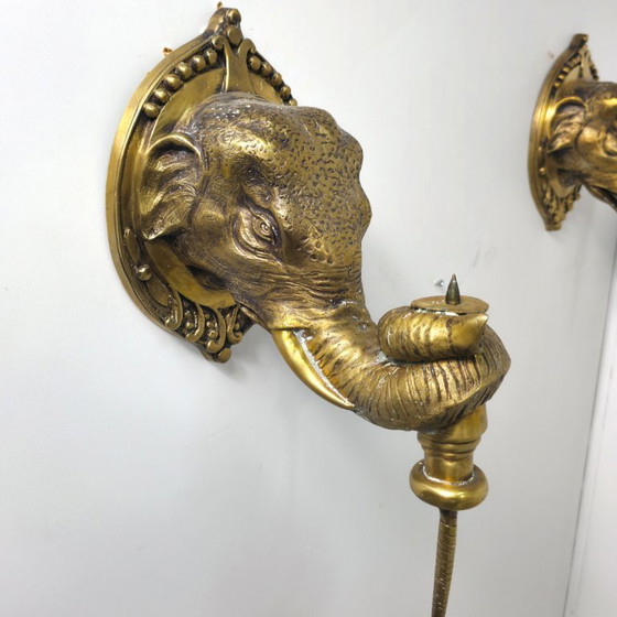 Image 1 of Juego de apliques de pared art déco de latón con diseño de elefante XL estilo regencia