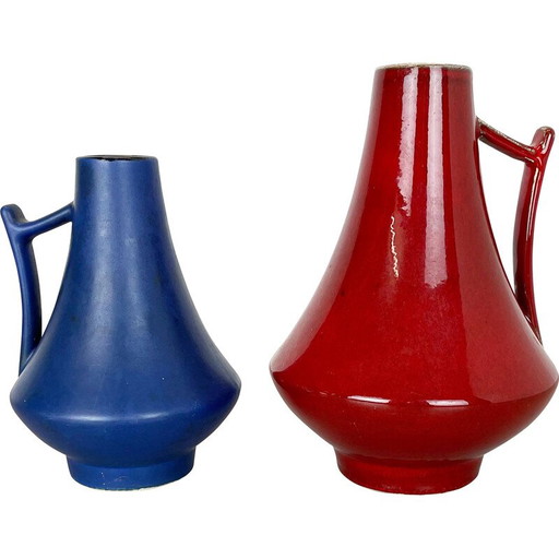 Paire de vases à lave grasse en poterie vintage "bleu-rouge" par Jopeko, Allemagne, années 1970