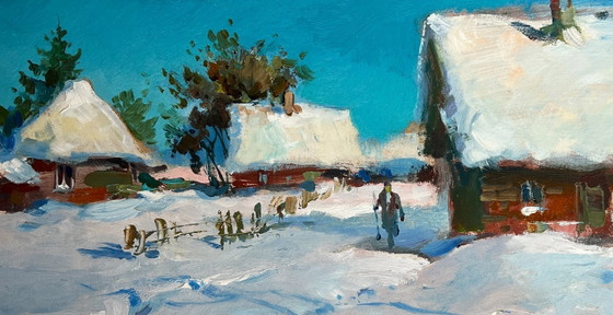 Image 1 of Dipinto ad olio originale Paesaggio di un villaggio innevato Spalare la neve dal cortile
