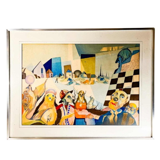 David, Composition Cubo-Surréaliste, 1974, Techniques Mixtes sur Papier, Encadrée