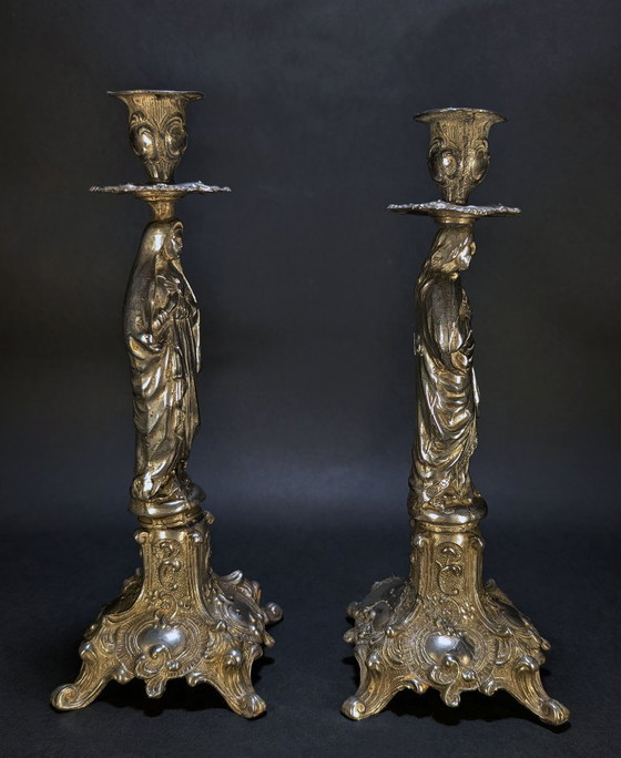 Antique Religious Candlesticks – Candle holders, Metal, Silver (photo 4 of 8)