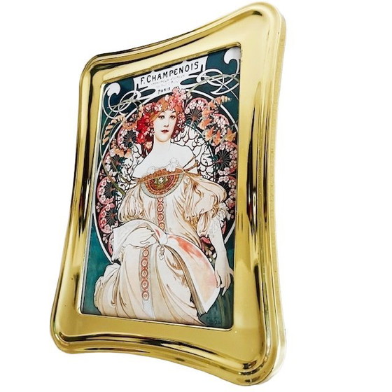 Image 1 of Dipinto vintage Art Nouveau di Alphonse Mucha Cornice in ottone Champenois degli anni '60