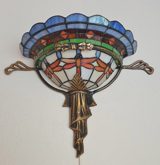 Image 1 of Unieke oude tiffany / glas in lood wandlamp met Dragonfly's