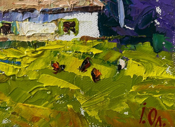Image 1 of Original Oil Painting Summer House Landscape: The Yard Smells of Fresh Hay and Silence