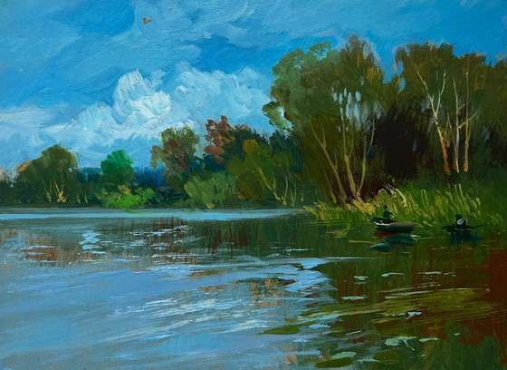 Image 1 of Original Oil Painting Summer River Landscape River in green embrace