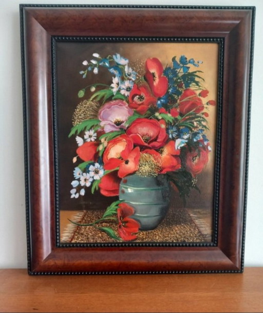 Nature morte florale : Bouquet champêtre (Coquelicots et Azurés) - Huile sur toile signée Emy 1980