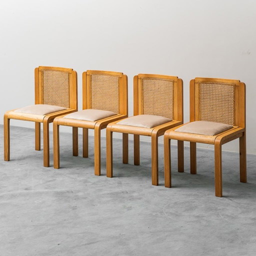 ENSEMBLE DE 4 CHAISES BOIS VELOURS OCRE VIENNE PAILLE 70S VINTAGE MODERNISME