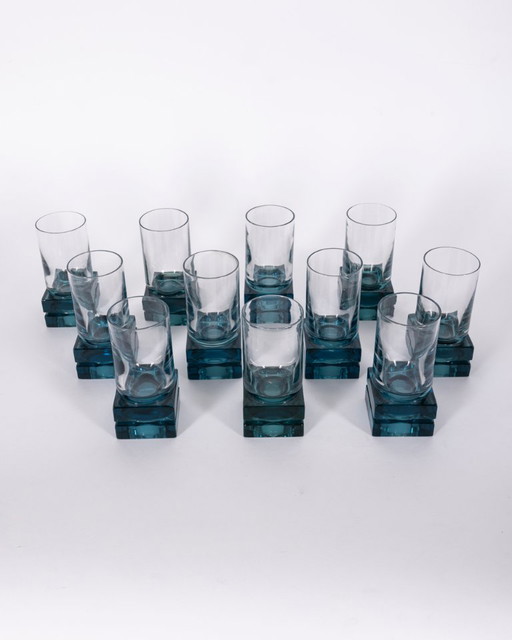 Vintage Italian Blue Crystal Glasses, 1970s, Set of 12 – glazen karaffen