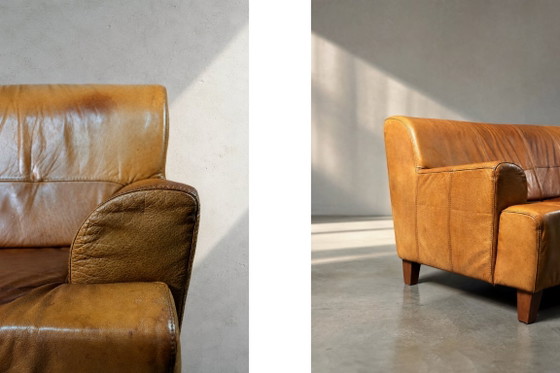 Vintage driezitsbank van bruin leer in industriële mid-century modern stijl, jaren 60. – 3-5 zitsbanken (photo 16 of 26)