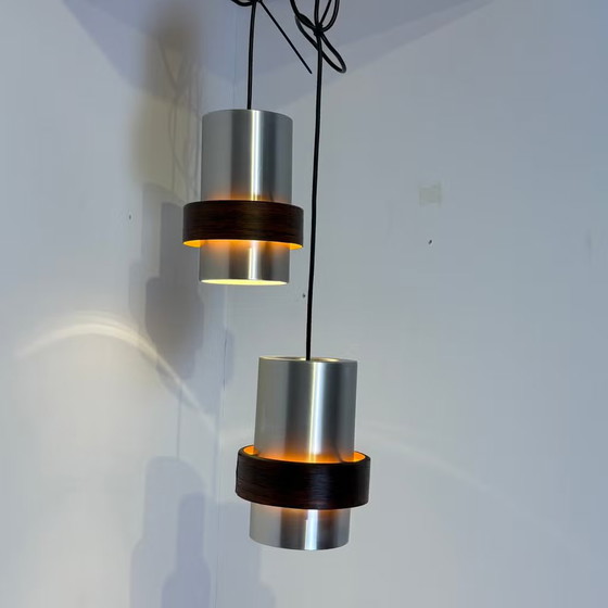 Jo Hammerborg, Vintage Pendant lamps with Rosewood ring, Fog & Mørup, Aluminium, Brown, Scandinavian (photo 4 of 14)