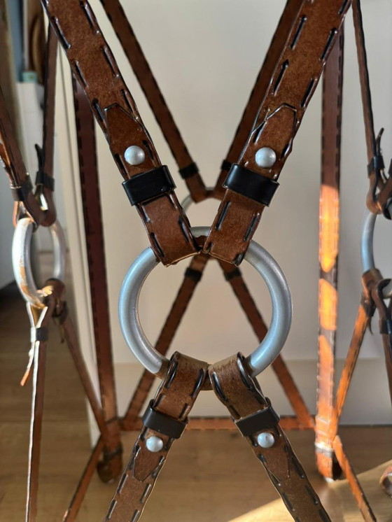 Image 1 of Unique set of 3 console tables – France, 1970s – in the style of Jacques Adnet – iron (imitation leather) and glass