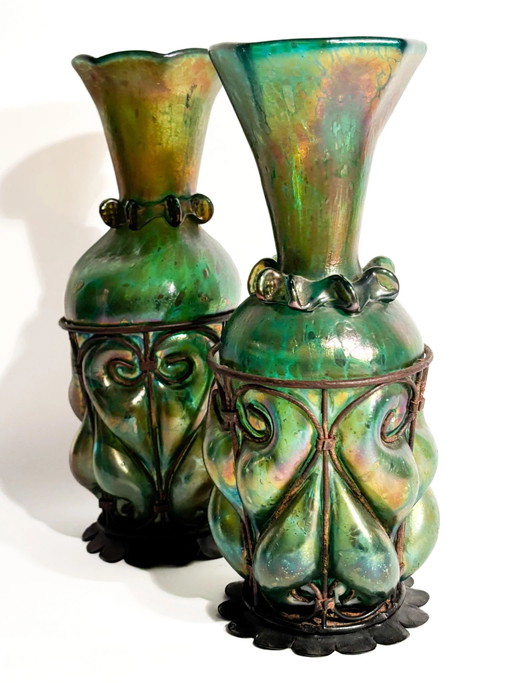 Pair of 1920s Loetz Glass and Wrought Iron Vases – vazen, Art Nouveau (photo 2 of 21)