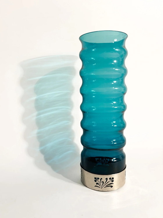 70s Cylindrical Blue Glass and Silver-Plated Metal Vase – Murano Glass (photo 5 of 9)