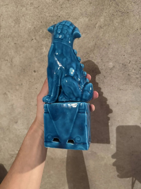 Pair of blue Fô dogs - glazed ceramic - Chinese blue - mid 20th century, Decorative Objects, Porcelain (photo 6 of 9)