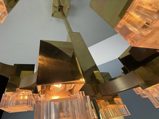 Image 1 of Lustre cubique Sciolari en laiton, édition rare, 17 lumières, Italie des années 1970