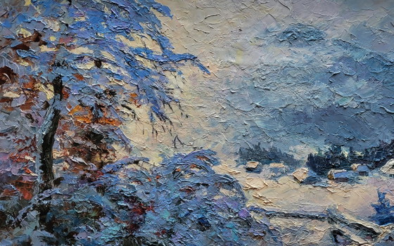 Original Oil Painting Evening Village Landscape In the Winter Mountains – Paintings & Drawings, Canvas (photo 4 of 7)