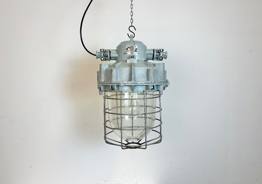 Large Grey Industrial Bunker  Light with Iron Cage from Elektrosvit, 1970s
