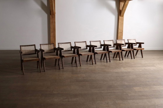 Set van 8 Pierre Jeanneret bureaustoelen van riet, India, jaren 1950. – Eetkamerstoelen, Wood (photo 3 of 20)
