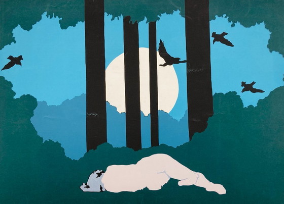 Image 1 of Daphne Mumford - Moonlight - Vintage Litho - Vrouw in Bos