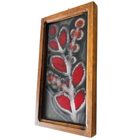 Image 1 of Framed West Germany wall plaque flowers ceramic teak West Germany 1960s