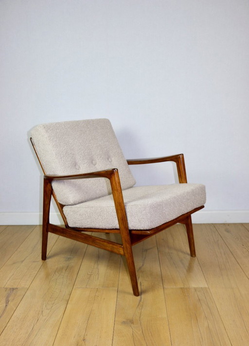 Fauteuil PRL « Stefan » en hêtre bouclé beige vintage - bois foncé