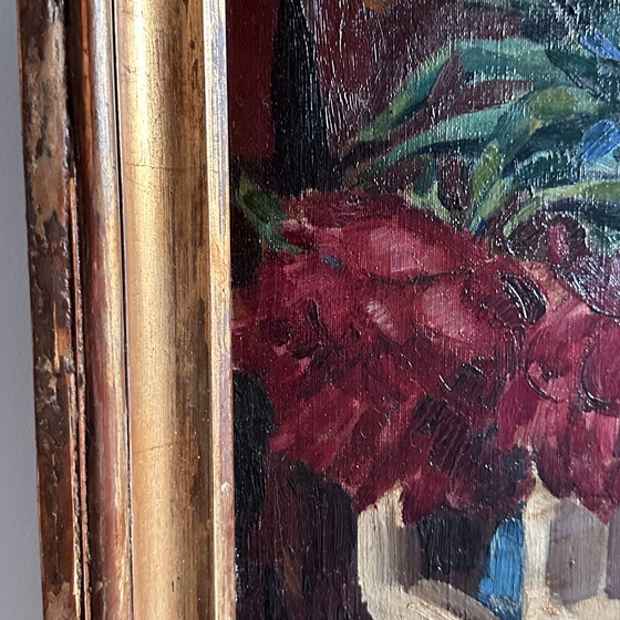 Image 1 of Vintage Oil Painting – Red Peonies in White Jug, Signed FAE, Expressive Floral Still Life, Belgian School Framed Artwork, 20th C