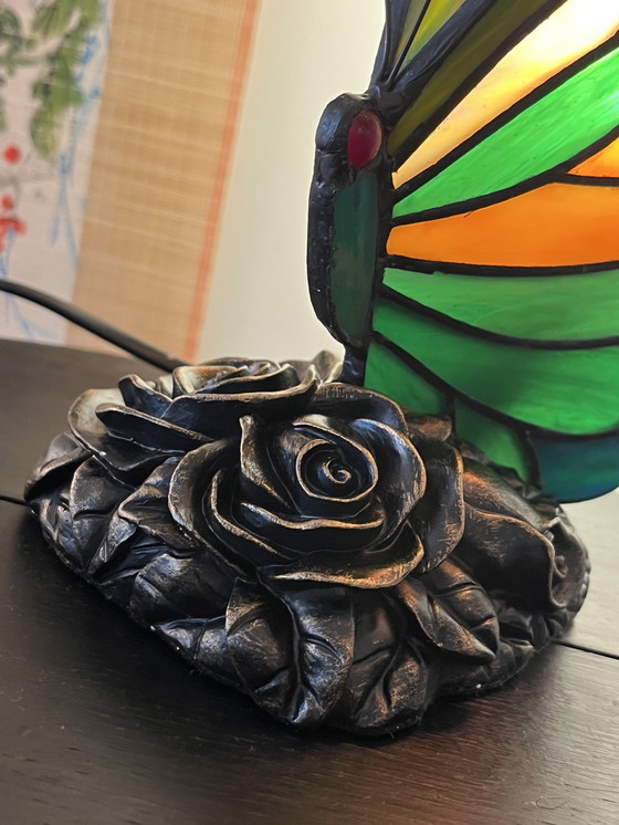 Image 1 of Set of 2 Stained Glass Table Lamps Butterfly Lamps
