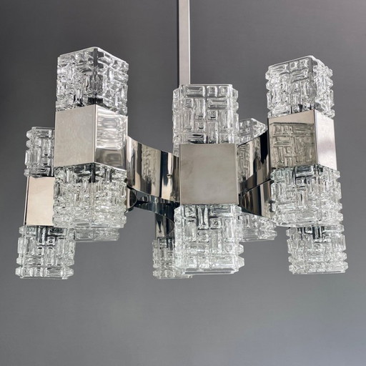 Italian 1970s Chandelier Attributed to Targetti, 16 Lights, Art Glass & Chrome Steel. Modernist Design
