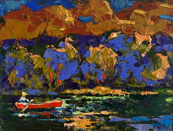 Image 1 of Original Oil Painting Autumn River Landscape Evening boat ride