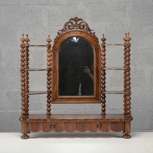 Étagère coiffeuse avec étagères, colonnes tournées et miroir inclinable