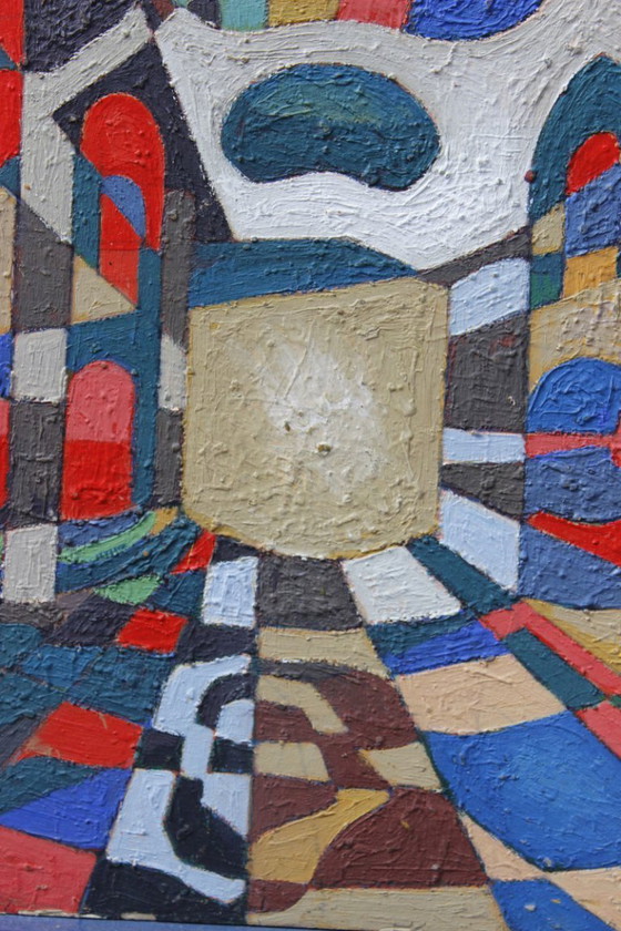 Image 1 of Jean Besnard (1922-2007) Olio su cartone Astrazione geometrica Op Art 1983