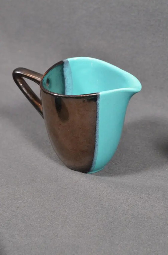 Mid 20th Century Vallauris – Black and Turquoise Blue Faience Coffee Set - 15 pcs – Crockery (photo 8 of 18)
