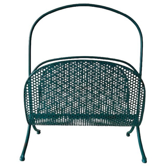Image 1 of Vintage Design Newspaper Rack Magazine Basket Metal Turquoise 1980's