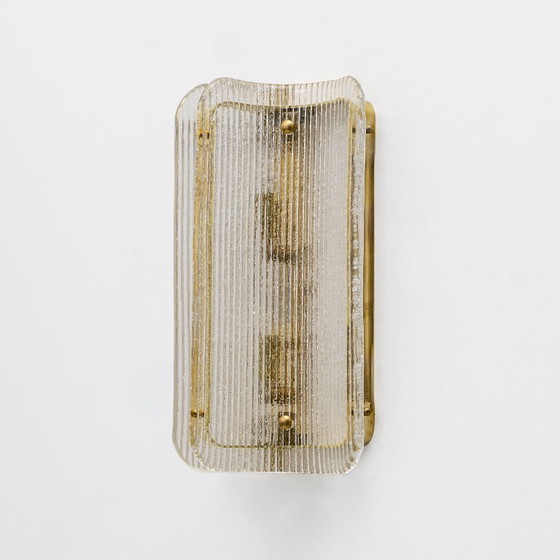 Image 1 of Pair of Curved Clear Ribbed Murano Glass and Brass Wall Sconces