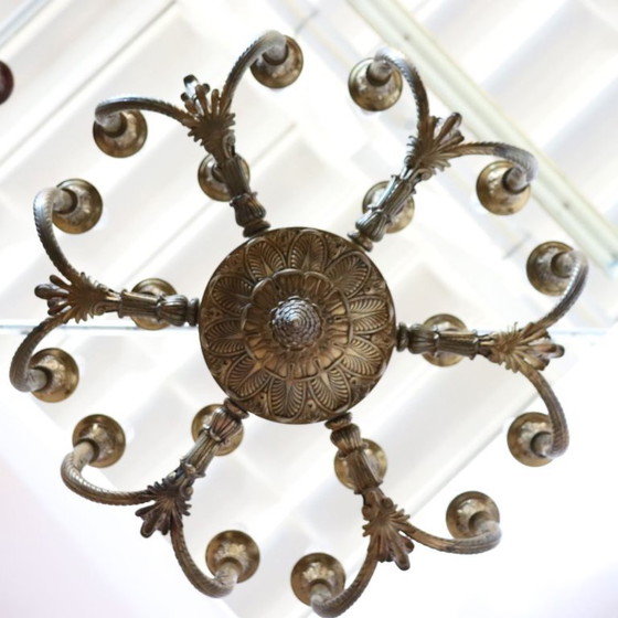 Chandelier in Gilded Bronze and Green Lacquered Metal 18 Bulbs, Italy Early 20th Century (photo 14 of 18)