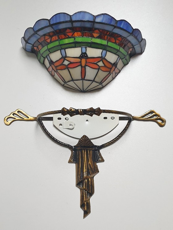 Image 1 of Unieke oude tiffany / glas in lood wandlamp met Dragonfly's