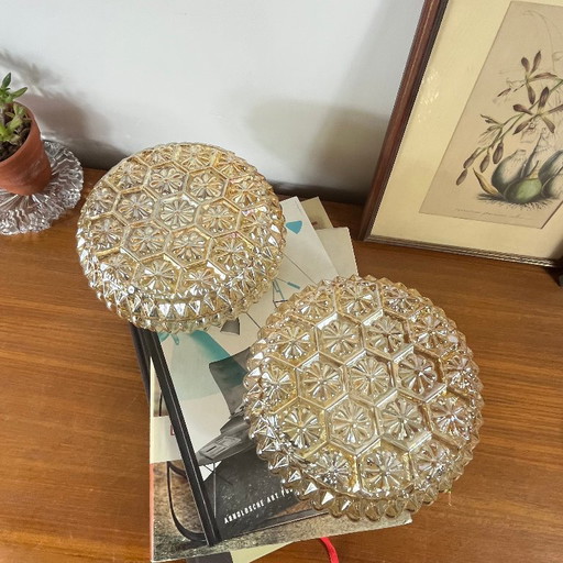Pair of vintage amber gold glass small flower wall/ceiling lights