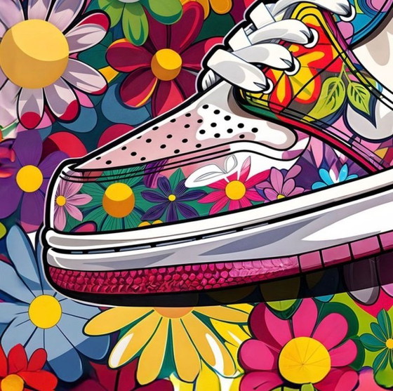 Image 1 of Treize : Nike Jordan par Takashi Murakami. Signé à la main et numéroté 6/10. Cadre en bois inclus. En excellent état.