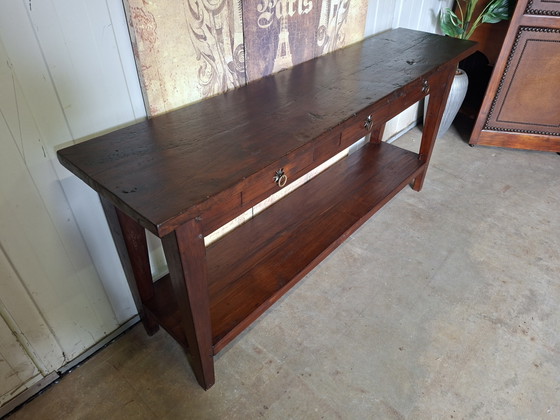 Teakhouten sidetable, haltafel, wandconsole afm. 170x40cm en 78cm hoog. – Wood (photo 3 of 6)
