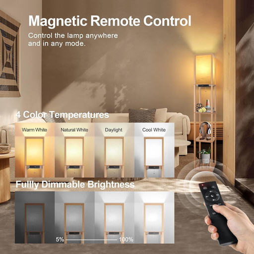 OUTON Lampadaire avec Etagere, Moderne Dimmable LED avec Telecommande, 1 Ports de Charge USB et 1 Type C, 4 Temperatures de Coul